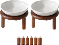 Elevated Cat Bowls, Ceramic Cat Bowl with Bamboo Stand Wide Opening – Essentials for Cats - White / Paw x2 + Acacia Wood
