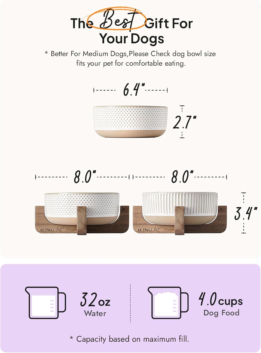 Ceramic Dog and Cat Bowl Set with Acacia Wood Stand - M-4 Cups / Lines+Dot - image 3