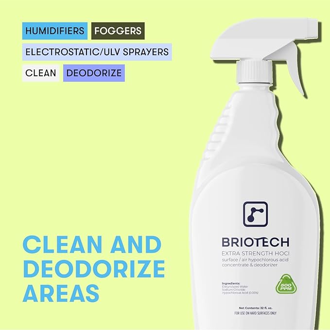 BRIOTECH Extra Strength HOCl Cleaner, 500 PPM Hypochlorous Acid Concentrate, ULV Foggers & Humidifiers, Professional Deodorizer for Dental, Offices, Schools, Homes, Peroxide Free, 1 Gallon (2 Pack)