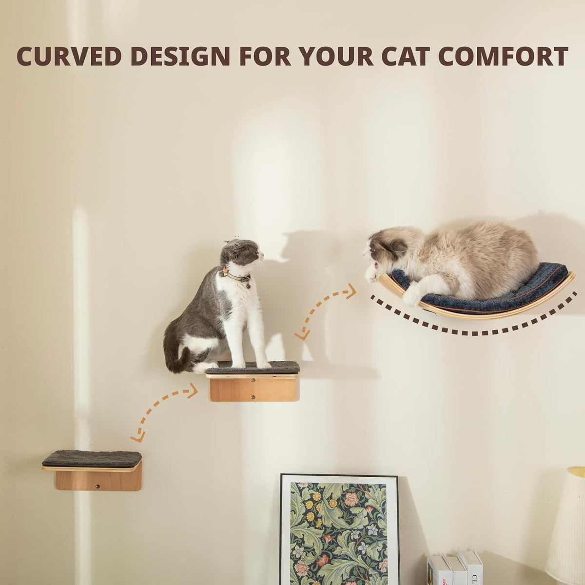 2 Set Cat Wall Steps, Wooden Cat Climbing Shelf for Wall - Curved - image 2