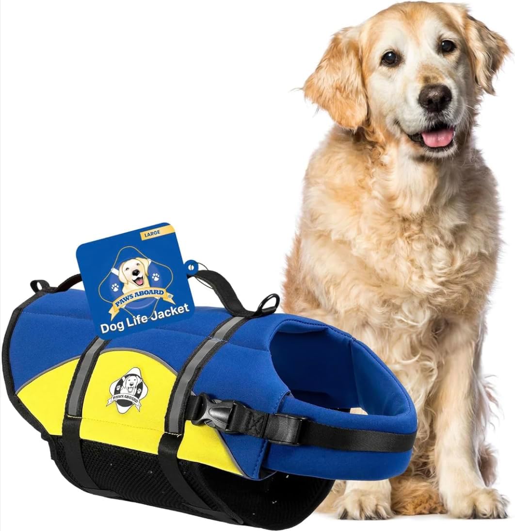Dog Life Jacket, Swimming Vest for Dogs, Adjustable, Reflective - Large / Blue & Yellow