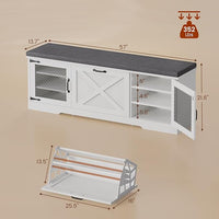 Farmhouse Storage Bench with Flip Drawers & Padded Seat Cushion, Half Hidden Shoe Rack Organizer, Adjustable Shelf Shoe Cabinet for Large Family, Entryway, Bedroom, Living Room (White)