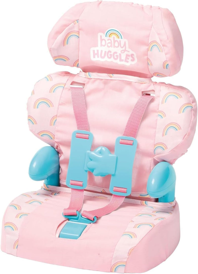 Casdon grey doll car booster seat with adjustable headrest and Huggle hand buckles
