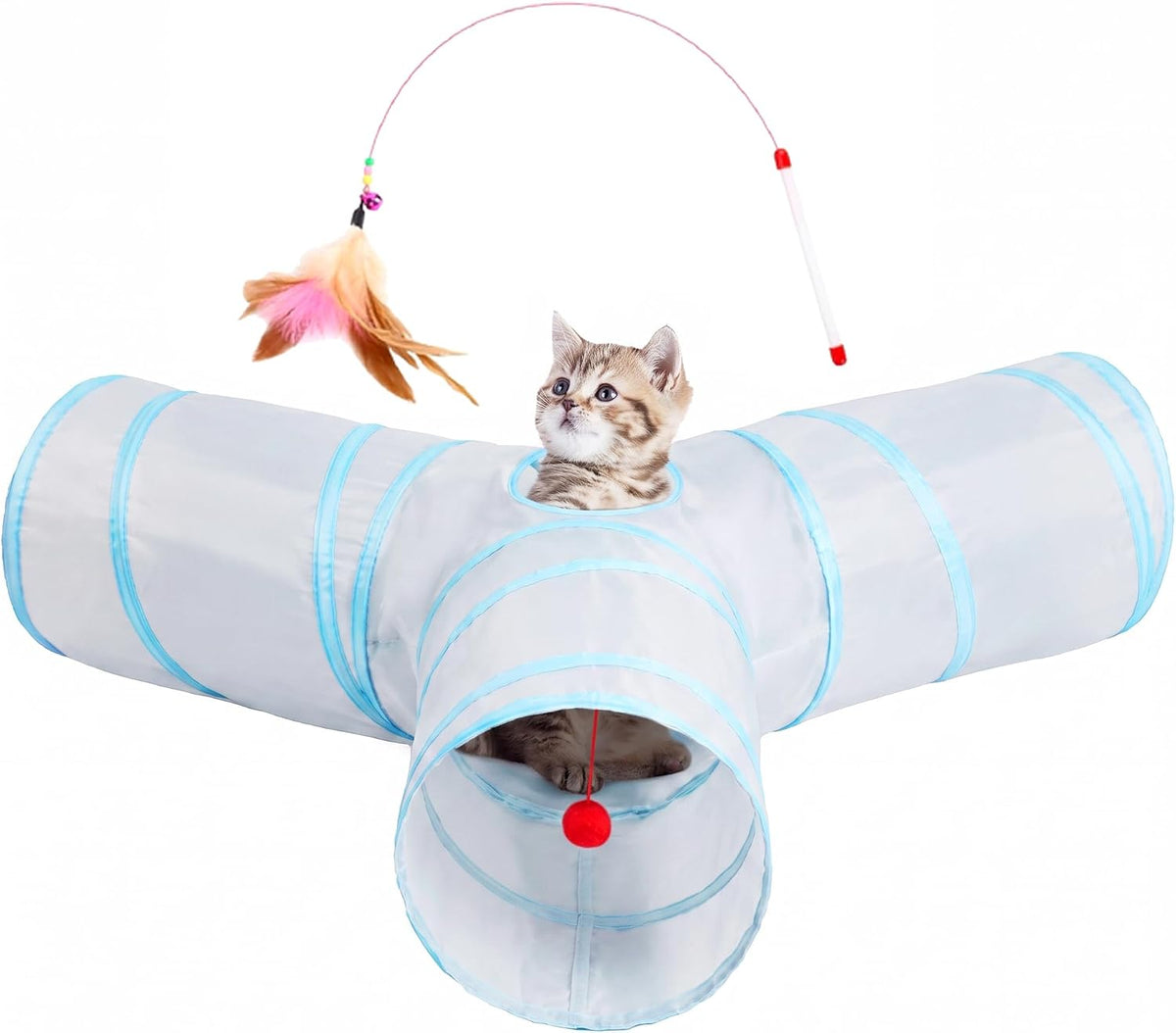Tempcore Cat Tunnel, 3-Way Collapsible Toy for Indoor Cats - Light Grey & Blue / Large