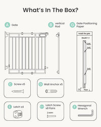 Grownsy Baby Gate for Stairs- No Bottom Bar, Adjustable Width 29.8” to 43.5” for Child and Pet, Dog Gate with Auto-Close & One-Hand Operation, Screw-in Installation for Doorways and Indoor Use