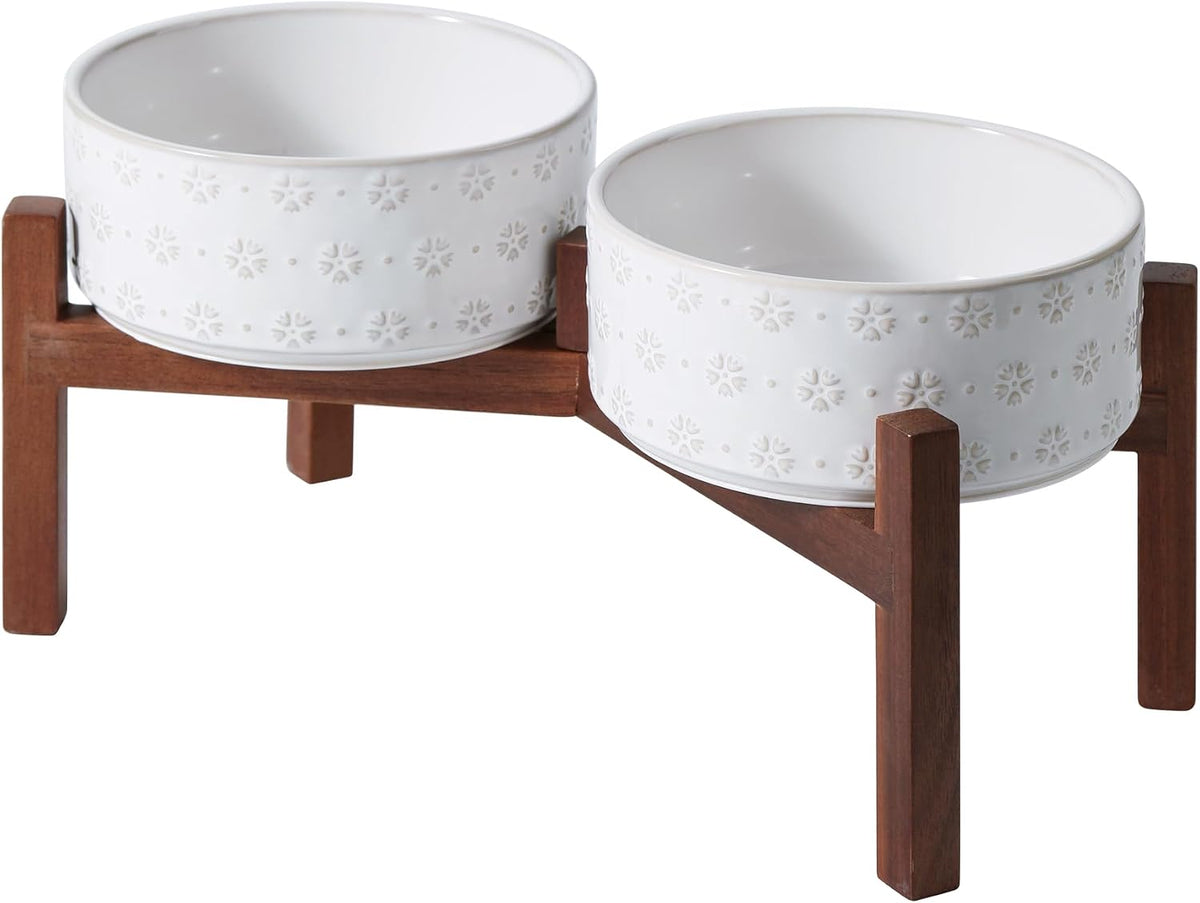 Elevated Dog Bowls, Raised Ceramic Dog Bowl for Small & Medium Dogs – Essentials for Dogs - Double Bowls with Stand- Arctic White / 5CUPS