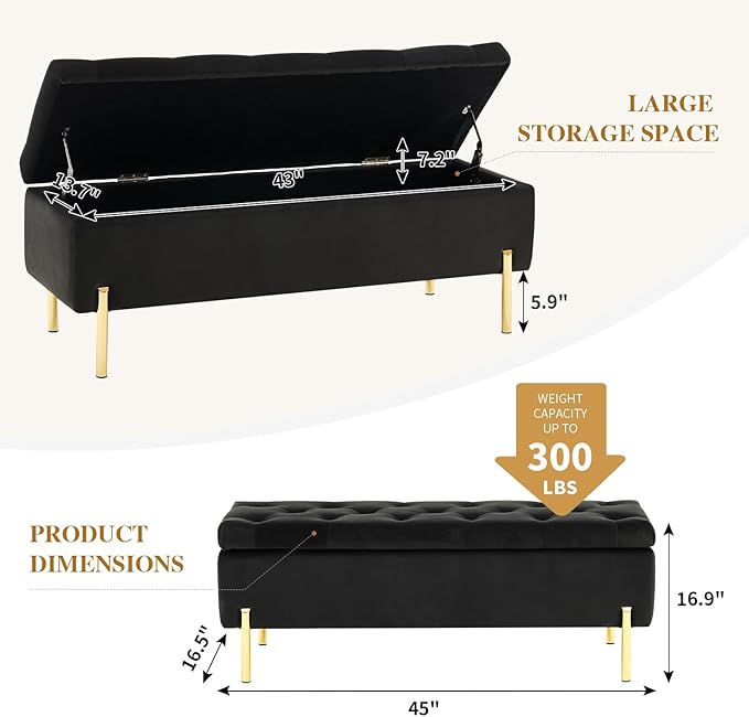 Velvet Storage Bench Ottoman,Versatile Seating with Hidden Storage,End of Bed Bench,Tufted Bench for Bedroom,Living Room,Entryway,Black