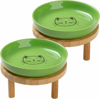 Shallow Wide Elevated Cat Bowls Whisker Fatigue – Essentials for Cats - Green / Plate with stand(set of 2)