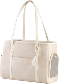 Fashion Dog Carrier Purse, Premium Leather Cat Carrier Bag, Airline Approved Soft Sided Pet Travel Tote Bag with Pockets Beige