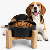 Elevated/Raised Ceramic Dog Bowl with Bamboo Stand，6 Inch 3.6 Cups - Black / Large