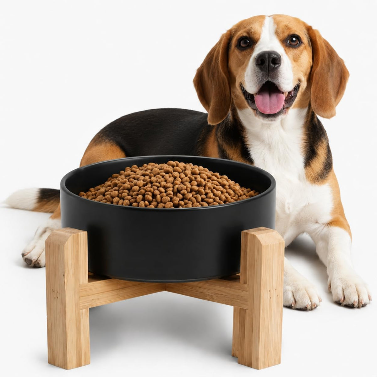 Elevated/Raised Ceramic Dog Bowl with Bamboo Stand，6 Inch 3.6 Cups - Black / Large