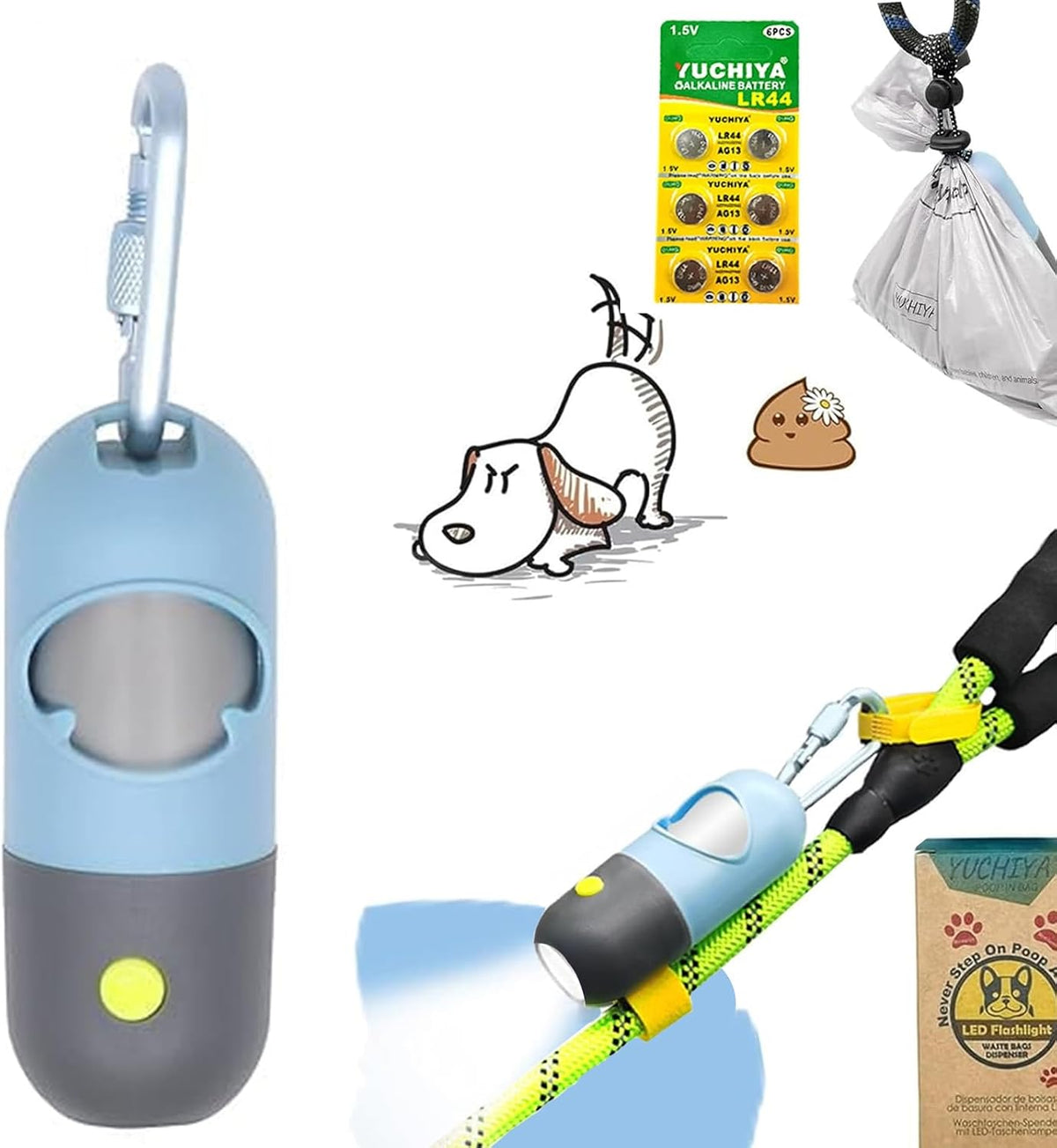 Dog Poop Bags Holder with LED Flashlight - Sky Blue / 15 Count (Pack of 1)