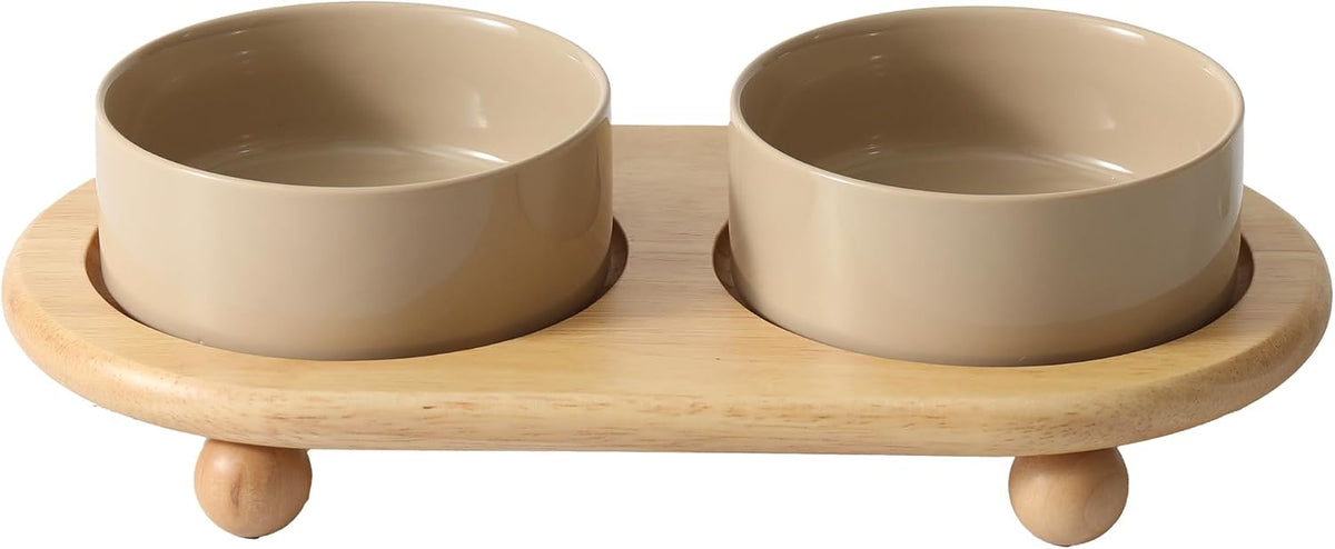 Cat Bowls Set of Two, 5.1” Ceramic Cat Food Bowls - Greige / 2 Bowls+Tray - 5.1"