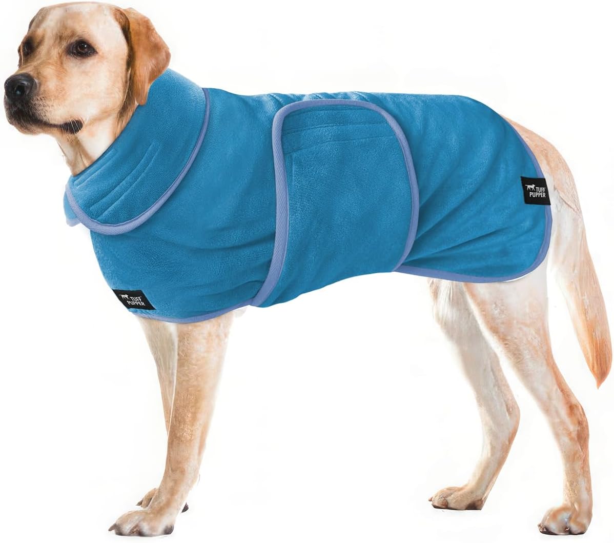 Tuff Pupper fast drying microfiber dog bath robe with adjustable belly strap, blue