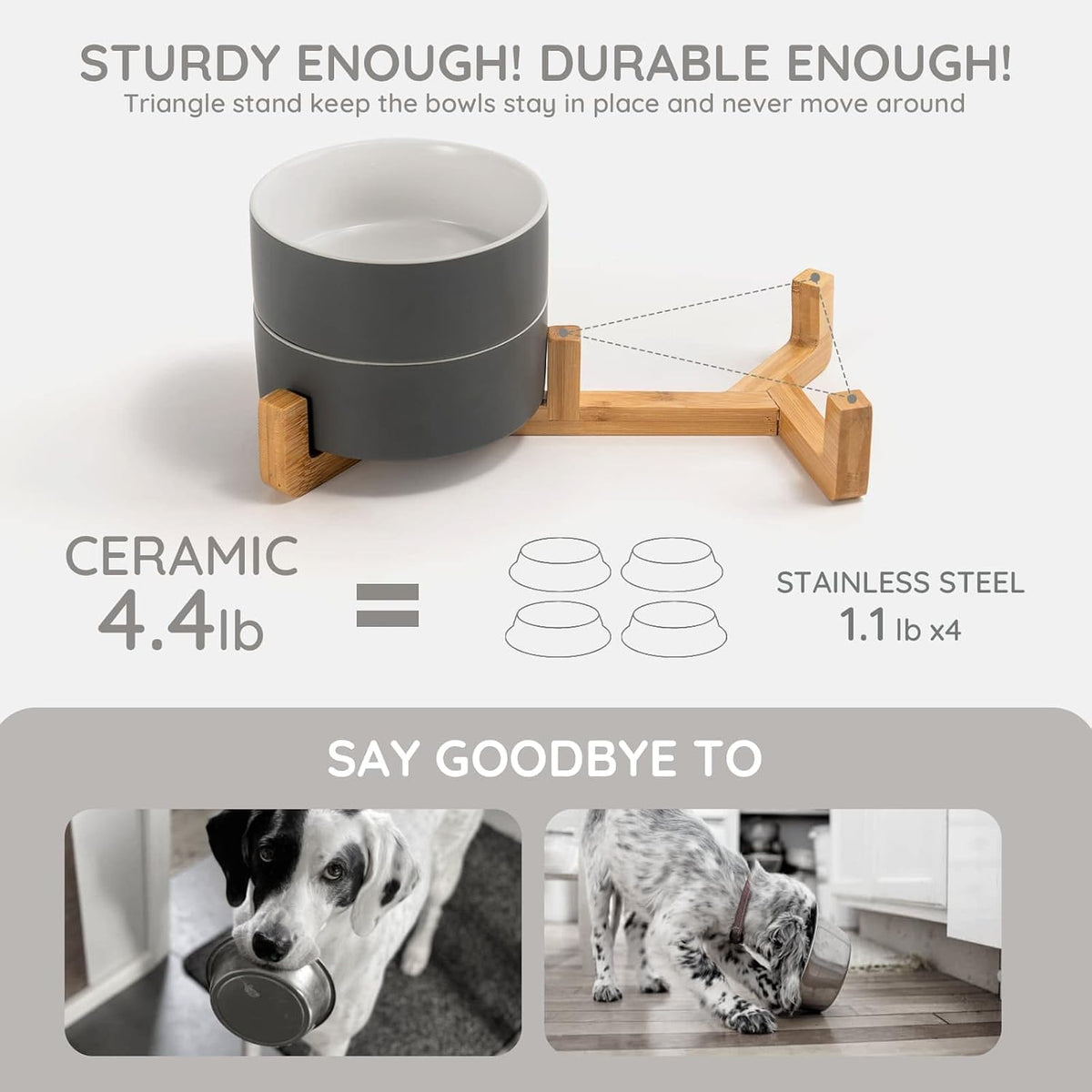 SPUNKYJUNKY Ceramic Dog and Cat Bowl with Wood Stand Non-Slip Matte - 3.6 cups / White-Grey × 2 - image 4
