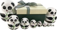 Apol set of 10 handmade wooden big-belly panda bear nesting dolls holding bamboo
