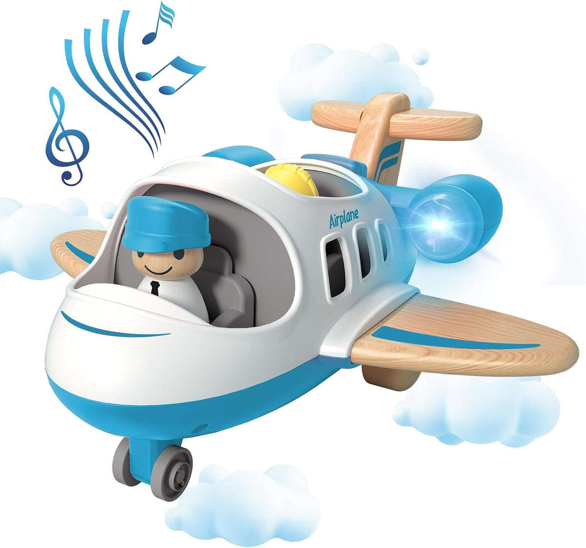 Wanborns kids airplane toy, wooden mini airliner with sound and light - view 2