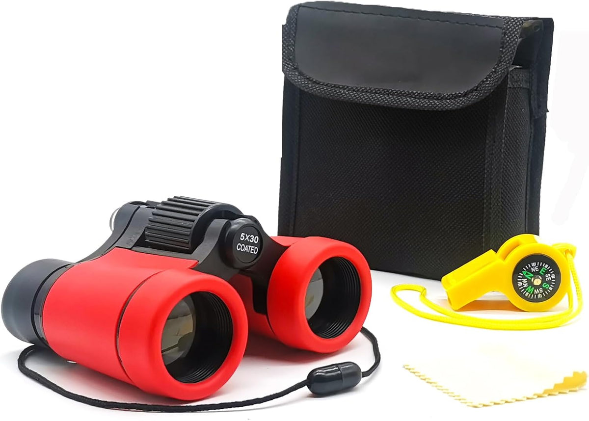 Kids Binoculars Ages 3-12 with Compass & Whistle – Fun for Kids & Family - Red