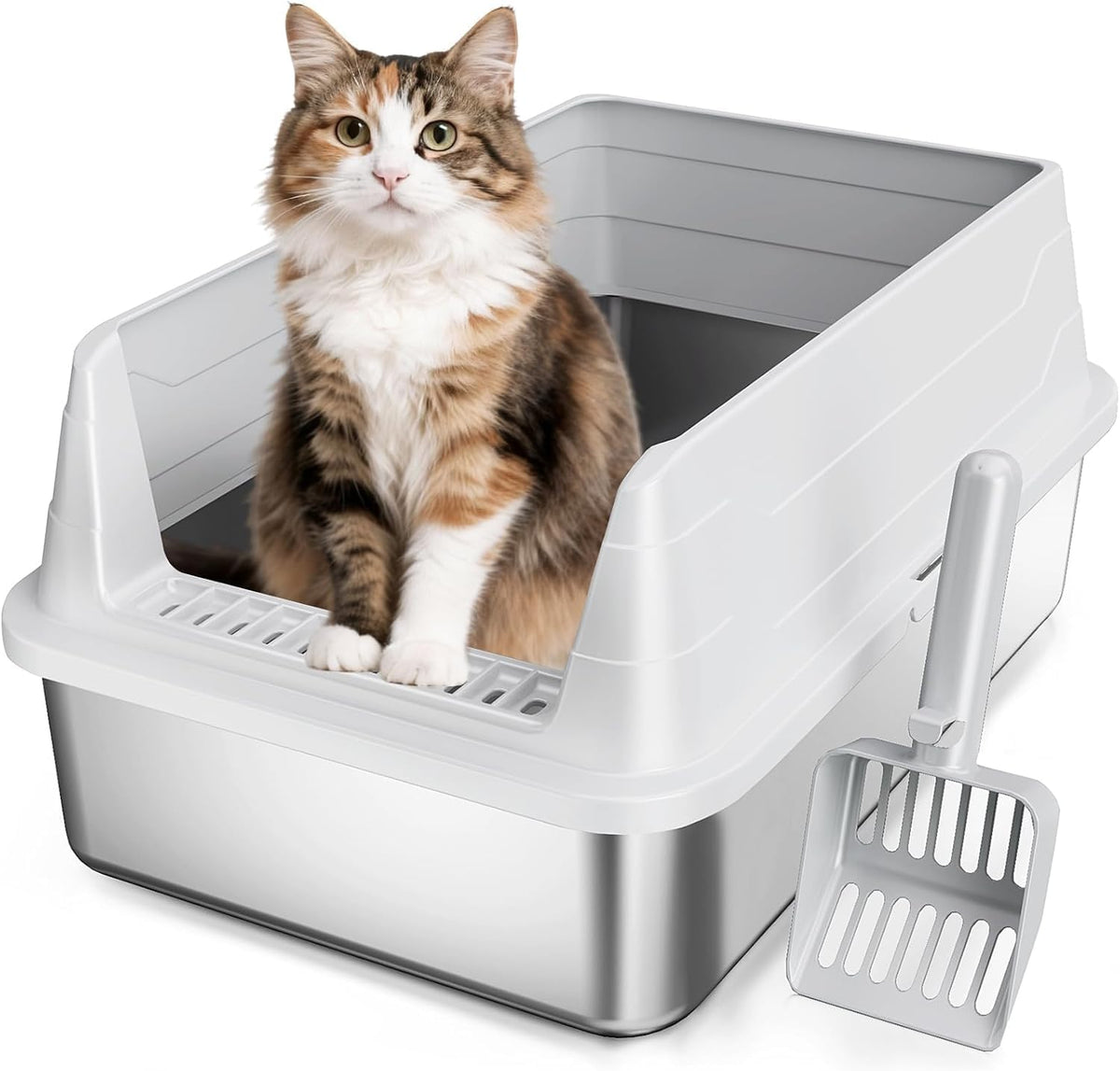 Stainless Steel Cat Litter Box with Lid - Soft Gray / M / 1