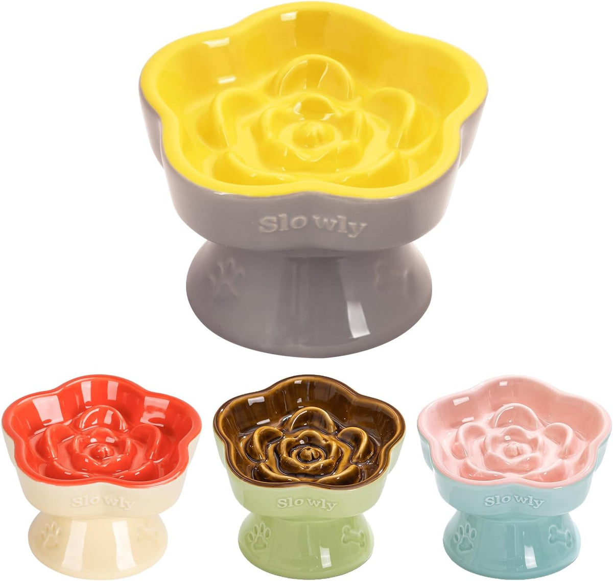 S&Q's CERAMICS Raised Slow Feeder Cat Bowl - 5.8" / Yellow