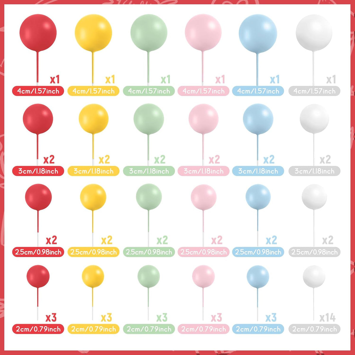 48 Pcs Balls Cake Topper Decorations Balloon Cupcake Toppers Foam - Red,yellow,green,pink,blue,white - image 2