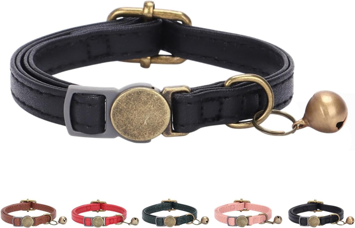 THAIN Leather Cat Collar with Bell Breakaway, Adjustable - Black