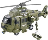 OCCAFY friction powered military rescue helicopter toy with rope, hook and basket