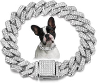 Pink Dog Necklace,Rhinestone Dog Chain Necklace Bling Diamond Cuban Link Dog chainCollars Glitter - 18 inch(Max Neck 17") / Silver