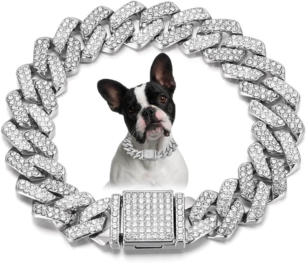 Pink Dog Necklace,Rhinestone Dog Chain Necklace Bling Diamond Cuban Link Dog chainCollars Glitter - 18 inch(Max Neck 17") / Silver