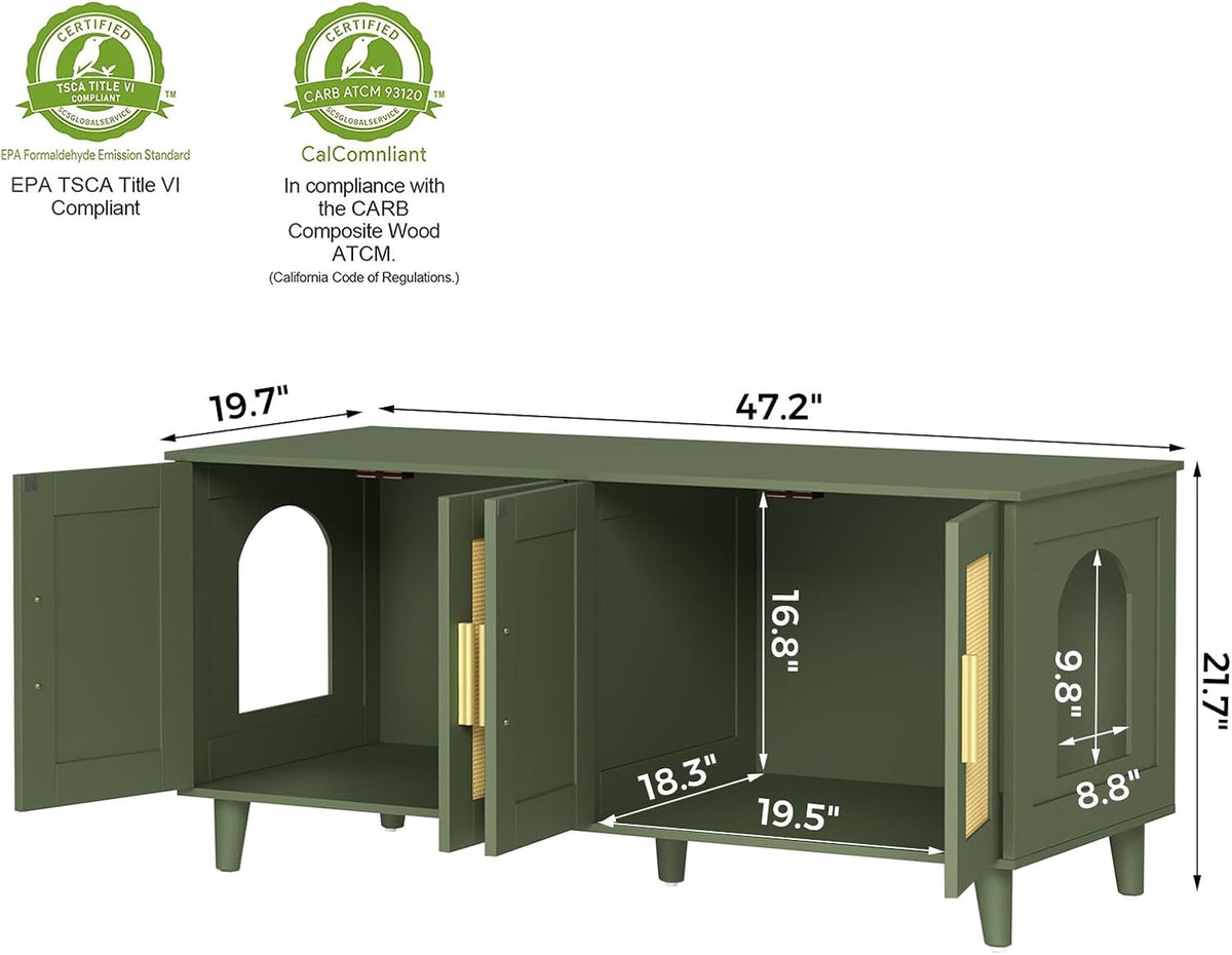 Boho Cat Litter Box Enclosure for 2 Cats, Green and Natural – Essentials for Cats - Green - image 3