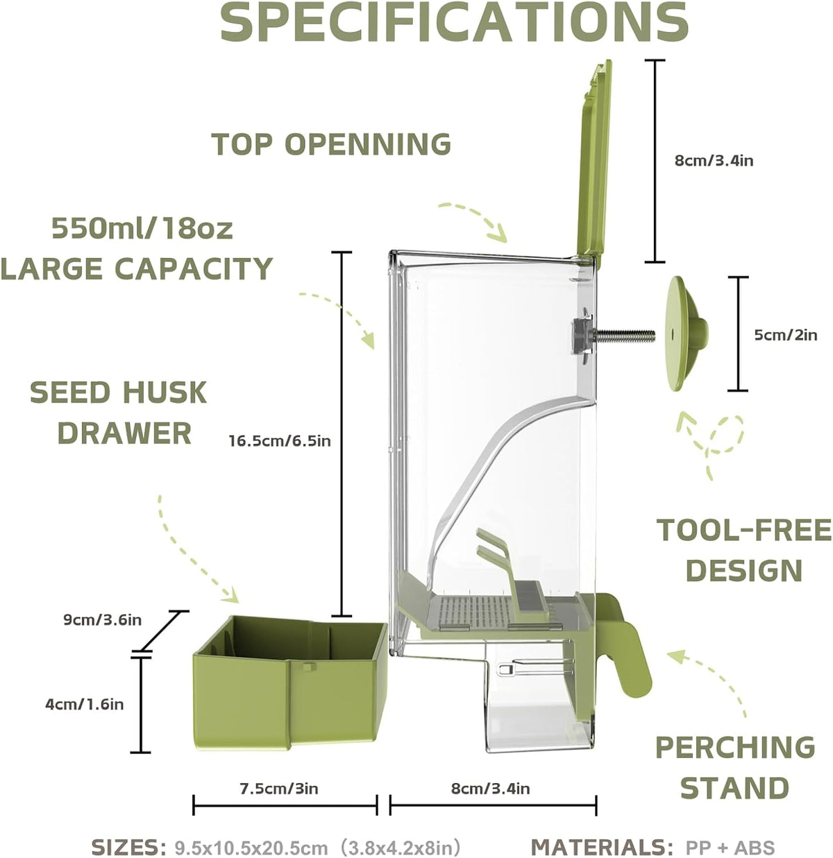 Automatic Bird Feeder, Bird Cage Feeder with Perch for Parakeet Canary Cockatiel Finch – Essentials for Birds - Green - image 3