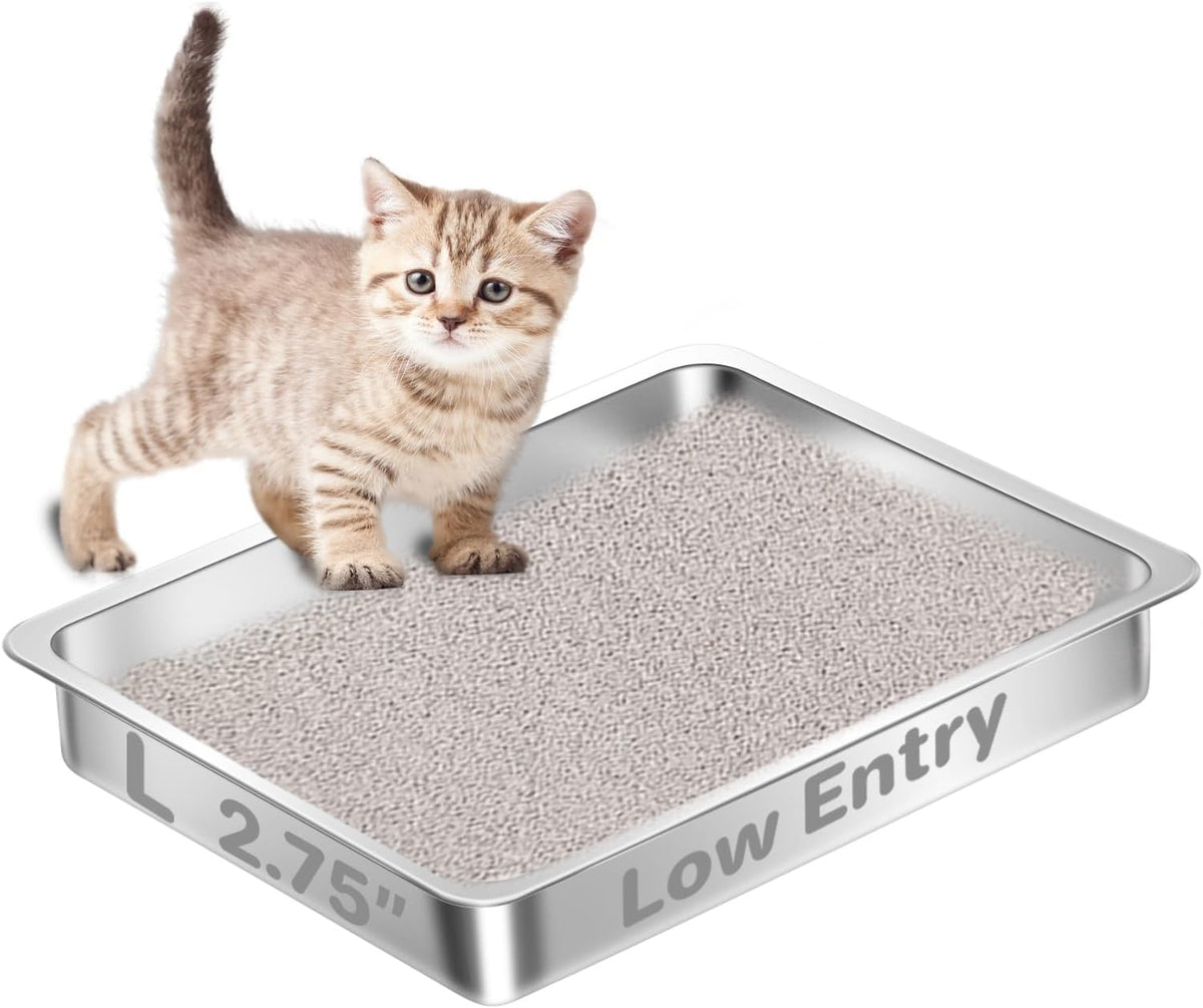 Low Entry Stainless Steel Cat Litter Box for Senior Cats - 17.72''Lx 13.78'' W x2.76'' H