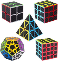 Speed Cube Set, ROXENDA 2x2 3x3 4x4 Megaminx Pyramid Puzzle Cube[5 Pack] – Fun for Kids & Family - 5 Pack Carbon Fiber