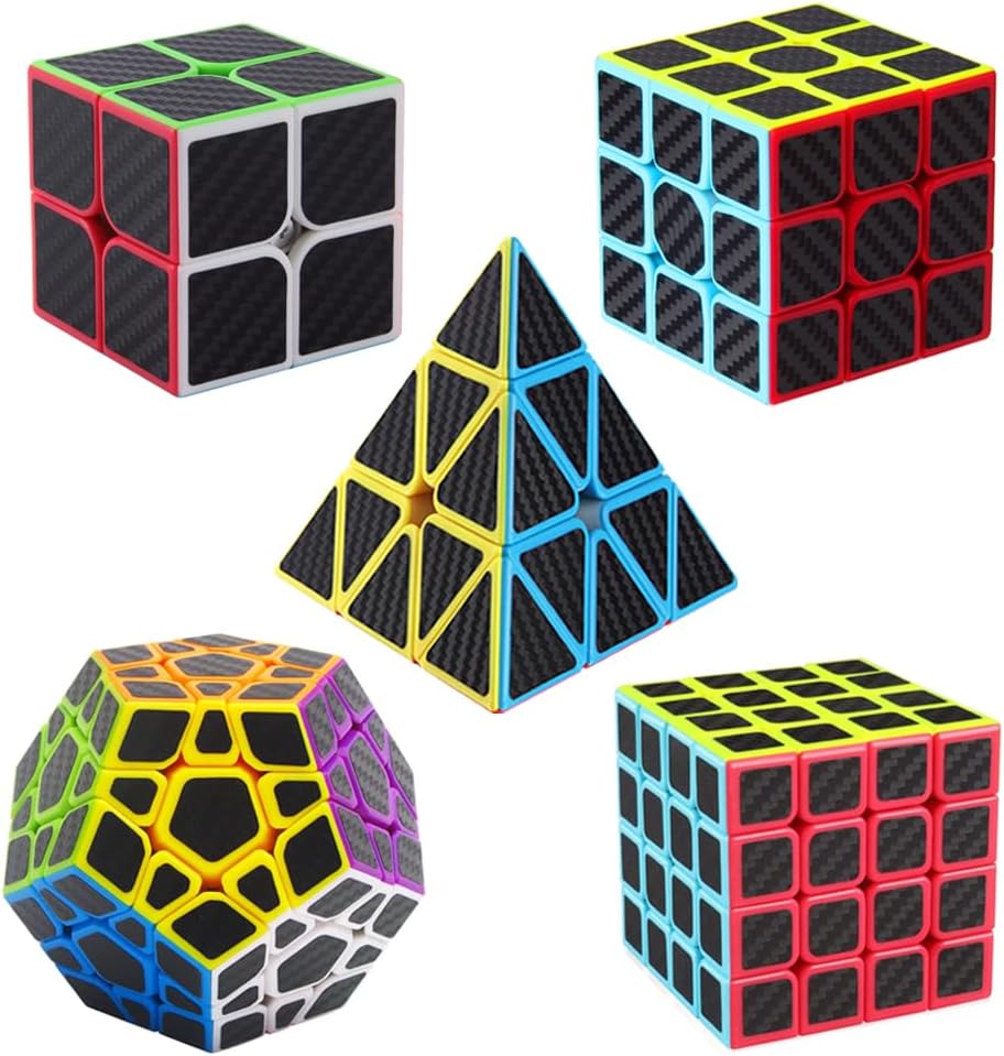 Speed Cube Set, ROXENDA 2x2 3x3 4x4 Megaminx Pyramid Puzzle Cube[5 Pack] – Fun for Kids & Family - 5 Pack Carbon Fiber