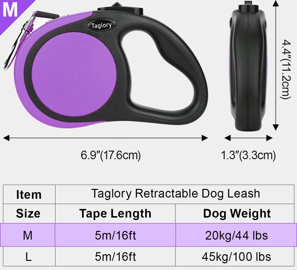 Taglory Retractable Dog Leash, One-Handed Brake, Up to 44 lbs - Purple / Medium - image 3