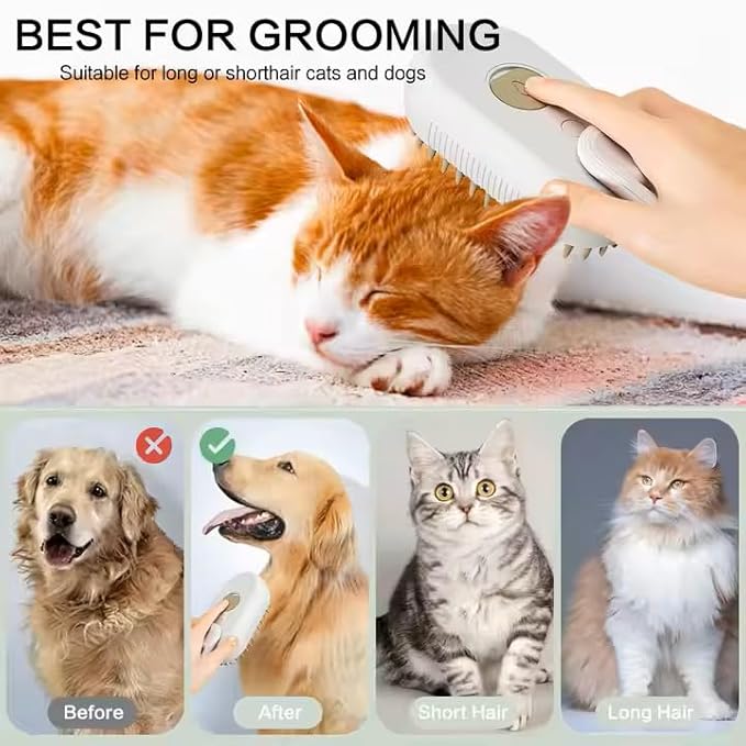 Rechargeable Steam Pet Brush – Grooming & Deshedding Tool With Adjustable Handle | Cordless & Quiet (White)