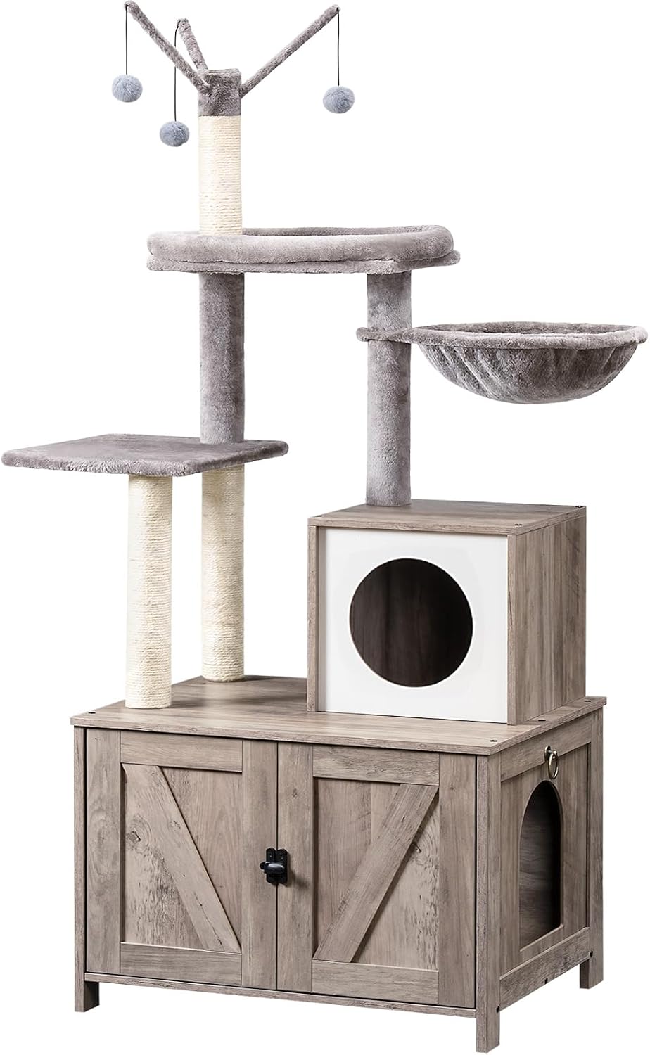 HOOBRO Cat Tree Tower with Litter Box Enclosure Indoor - Greige + White