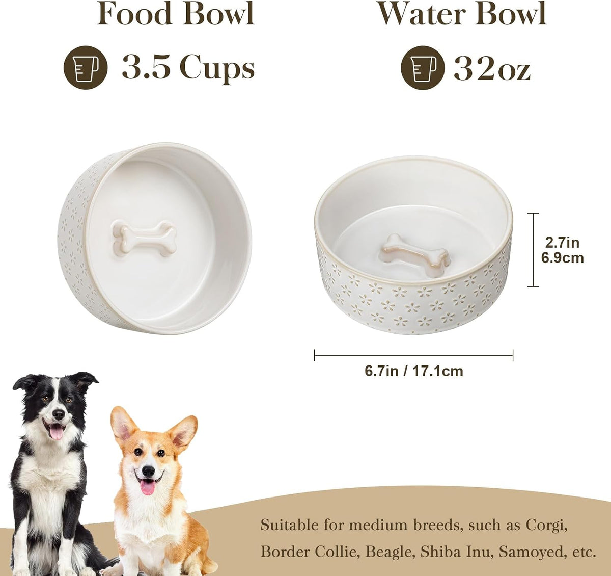 MALACASA Dog Bowl Set, Ceramic Bowls with Walnut Wood Stand - Five-leaf Grass / 4 Cups - image 2