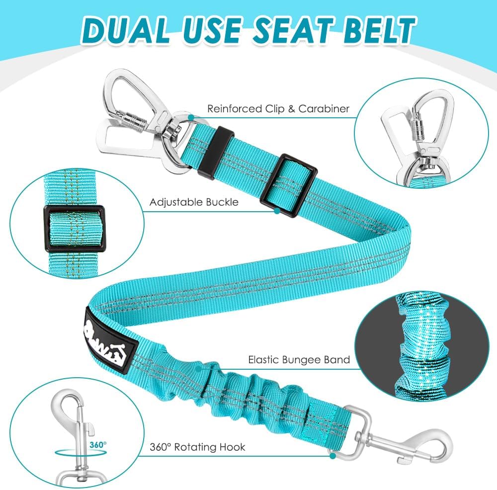 SlowTon Dog Seatbelt, 2 Pack Adjustable Heavy Duty Dog Safety Seat Belt – Essentials for Dogs - Light Blue / Seatbelt Clip + Carabiner - image 4