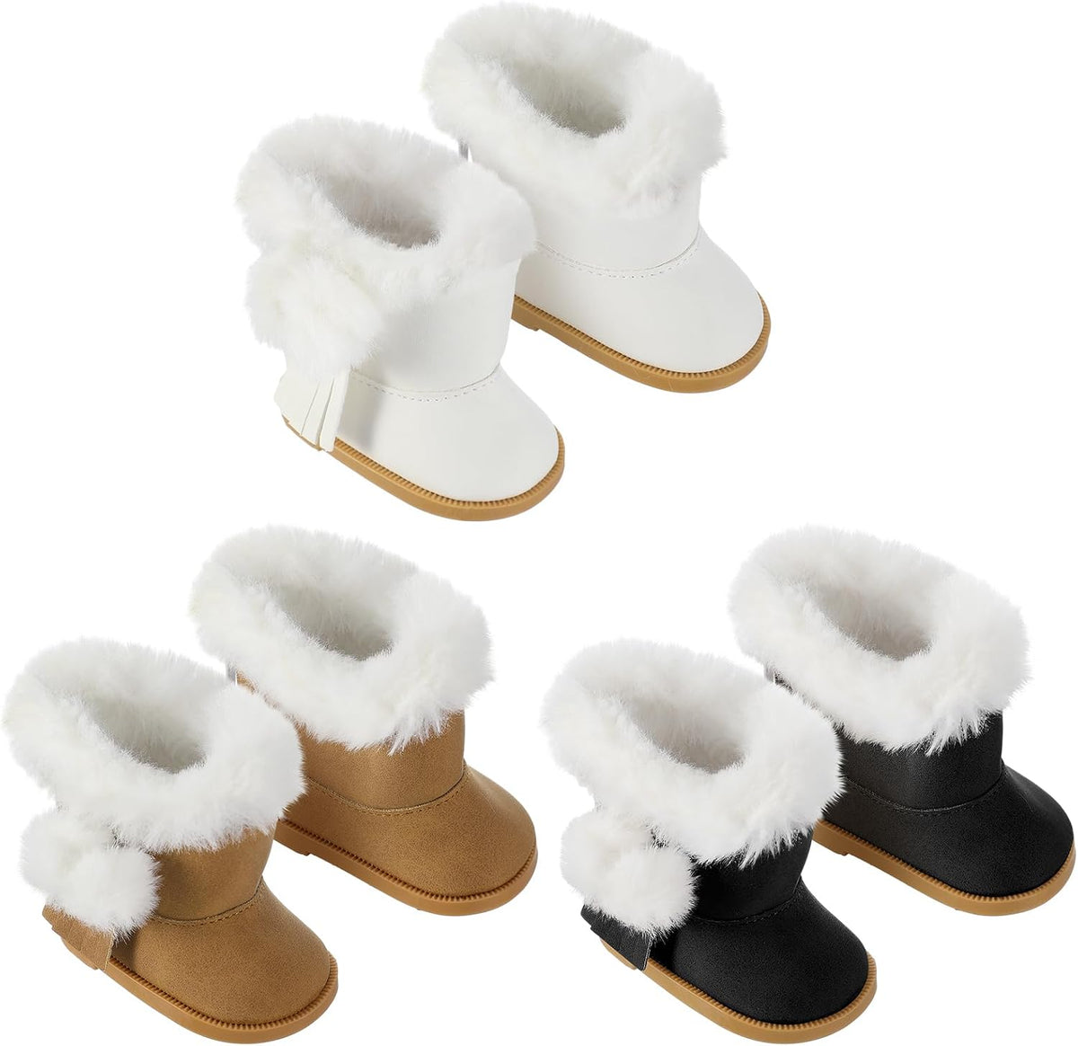 Bencailor 18 inch doll boots, 3 pairs of winter snow boots in white, black and brown