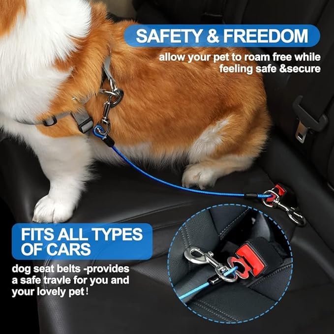 Dog Seat Belt Harness for Car,Dog Seatbelt of Coated Wire Leash Safety Restraint,No Chew Tether Cable Vehicle,Double Clips & Latch(Blue, 16 inch/40 CM)
