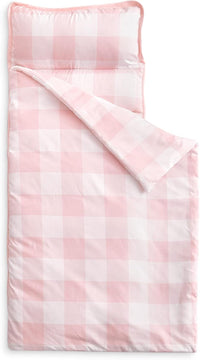 Wake In Cloud toddler nap mat in gingham plaid with built-in blanket and pillow