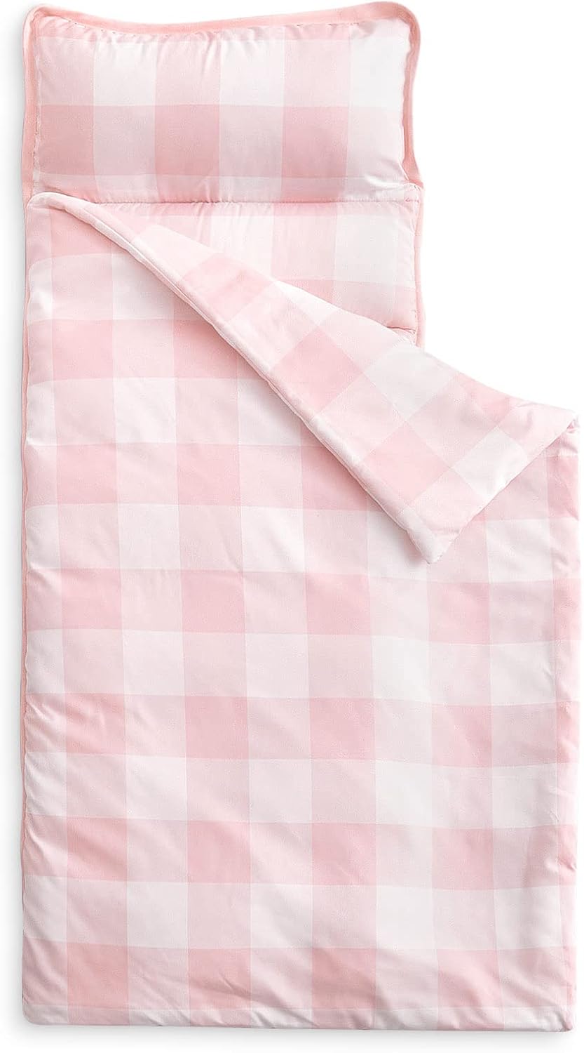 Wake In Cloud toddler nap mat in gingham plaid with built-in blanket and pillow