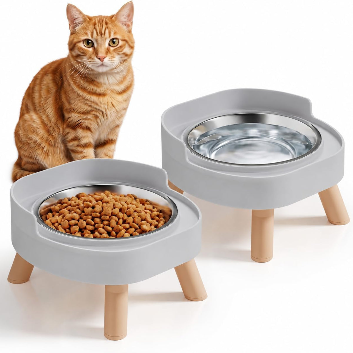 Elevated Cat Bowls, 2P Raised Cat Food and Water Bowl Set for Indoor Cats, Splash Proof with 2 - 2P Cat Bowls - Grey