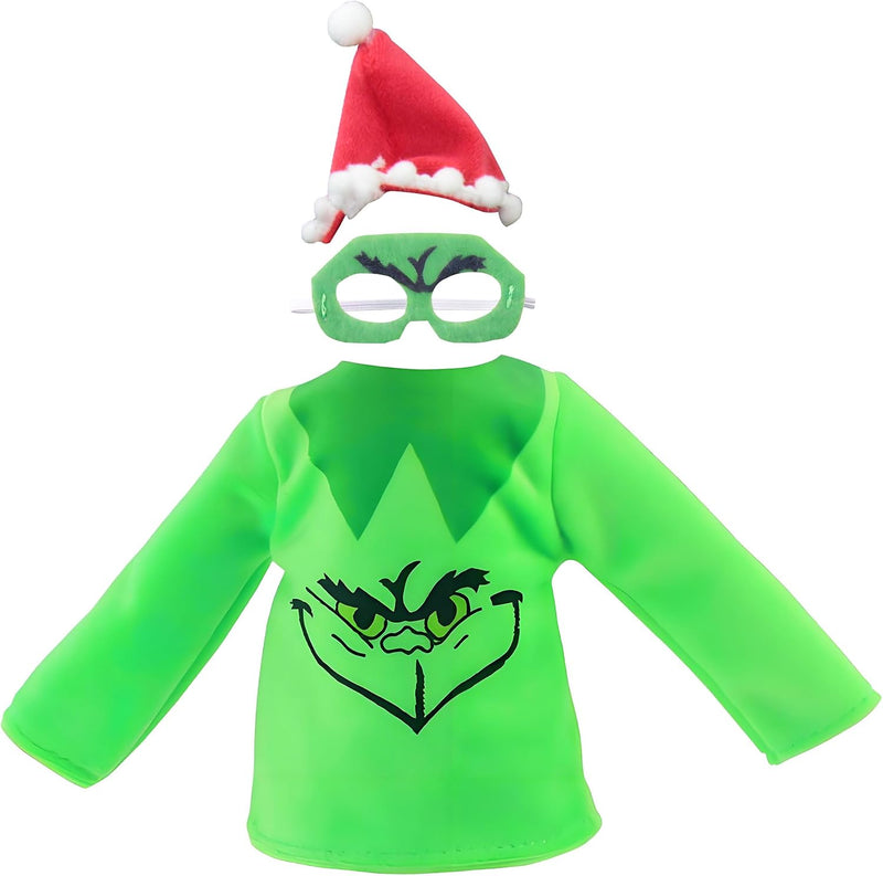 AimatRun Christmas elf doll clothes with green hat, eye patch and monster print outfit