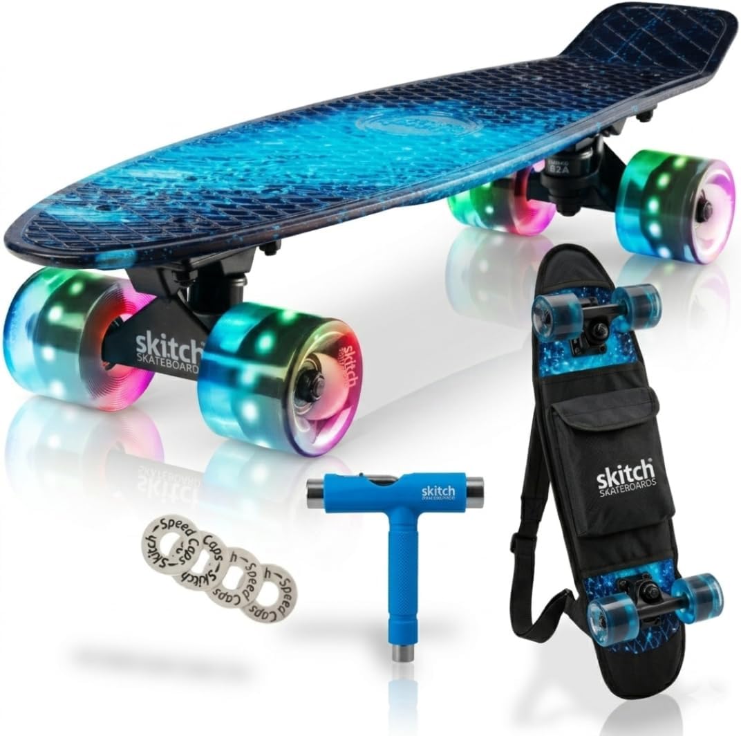 SKITCH Skateboards for Kids, Teens and Adults - Blue Galaxy LED+
