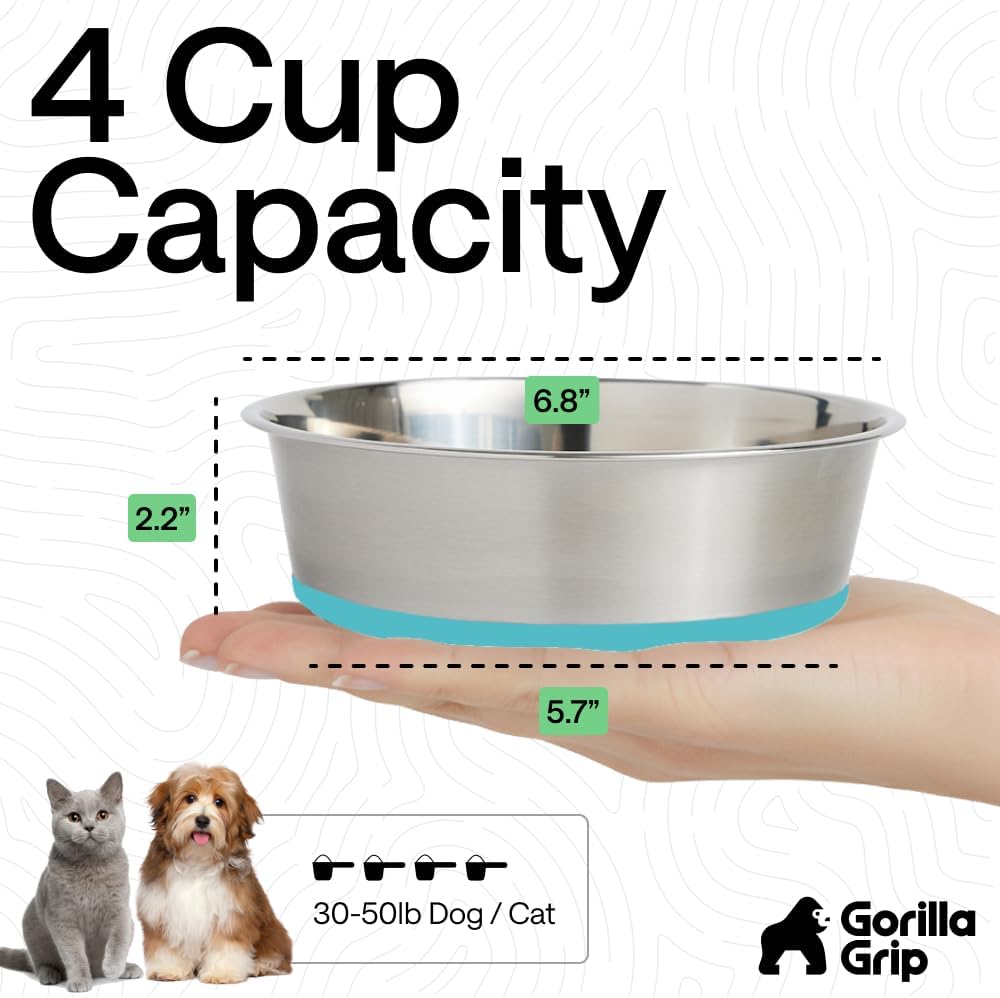 GORILLA GRIP Dog Bowl Set, Food Grade 304 Stainless Steel, 8 Cup - Turquoise / 4 Cup - Single Bowl - image 4