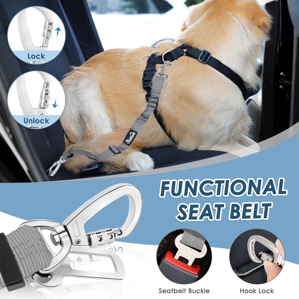 SlowTon Dog Seatbelt, 2 Pack Adjustable Heavy Duty Dog Safety Seat Belt – Essentials for Dogs - Grey / Seatbelt Clip + Carabiner - image 3