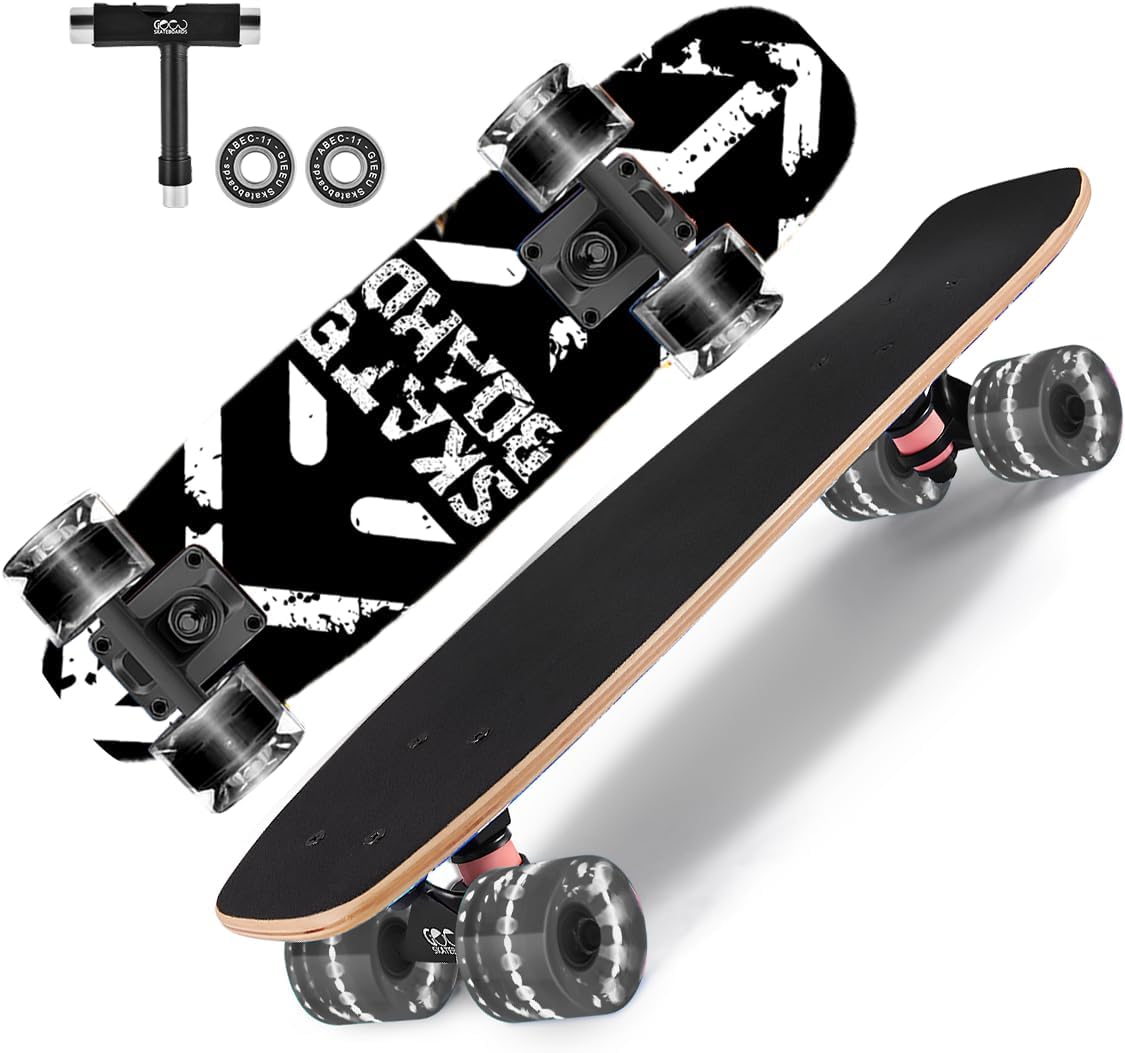 Skateboards with Colorful Flashing Wheels for Beginners, Kids - X-BlackWhite