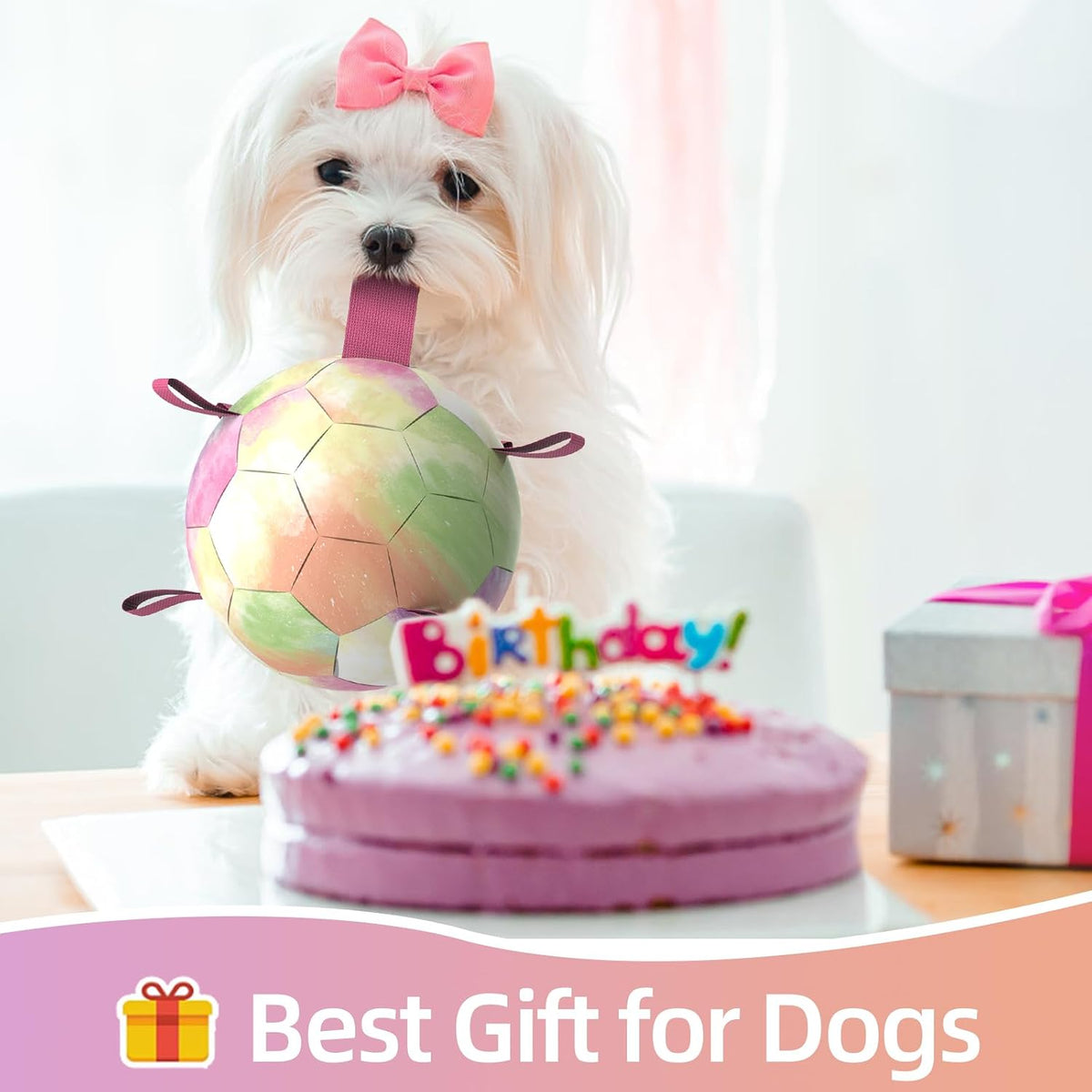 QDAN Dog Soccer Ball Toy with Strap - A-Colorful Pink / Large Size 3 - image 3